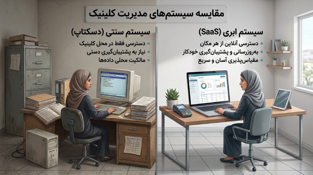 مقایسه سیستم سنتی دسکتاپ با نرم‌افزار ابری کلینیک